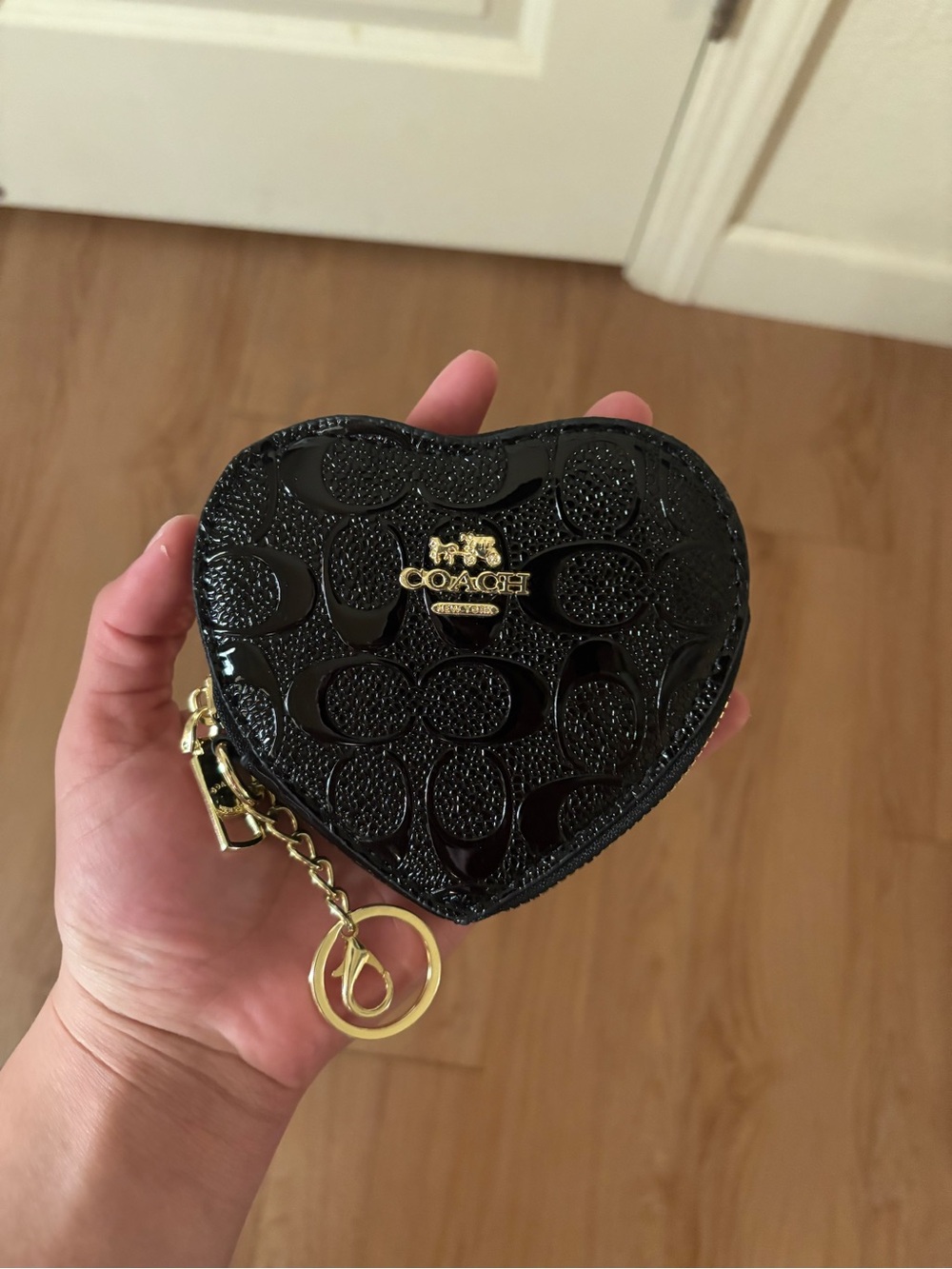 Coach Black Patent Heart Coin Pouch Key Holder with Gold Hardware
